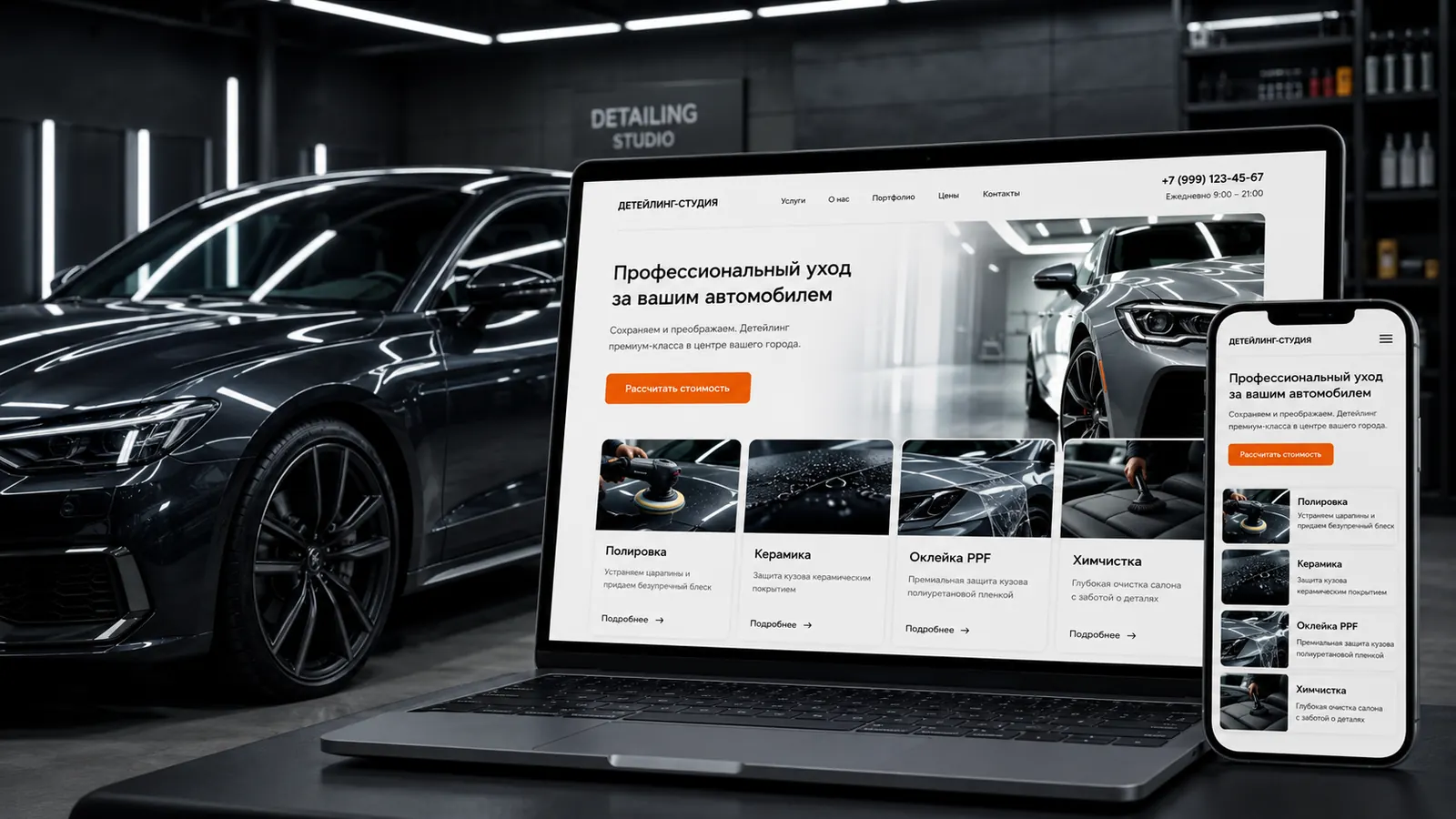 Пример современного сайта для детейлинг-студии на ноутбуке и смартфоне