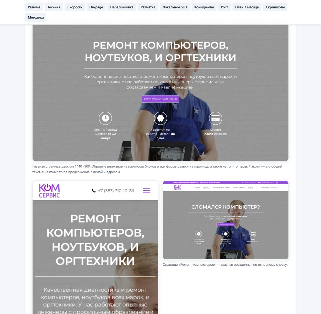 Скриншот раздела отчёта со снимками страниц сайта