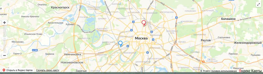 Карта Яндекса после — без рекламы, две метки