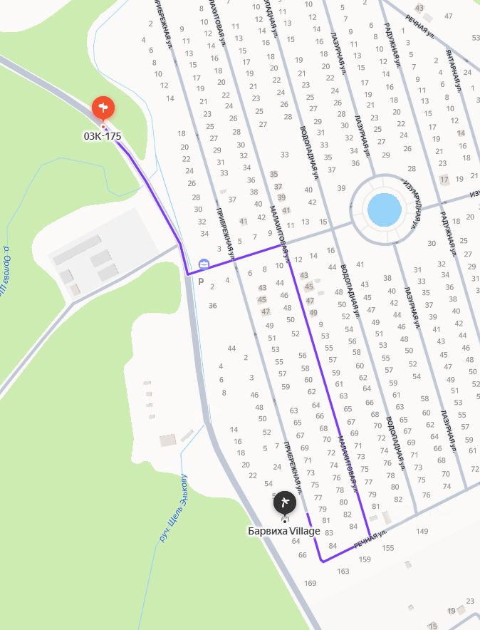 Схема проезда к Барвиха Village: маршрут от точки ОЗК-175 по улицам с номерами домов