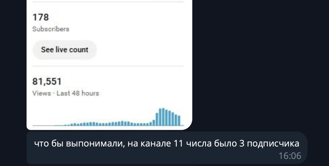 Кадр отзыва: Telegram-скрин со статистикой канала — 178 подписчиков, 81 551 просмотр за 48 часов