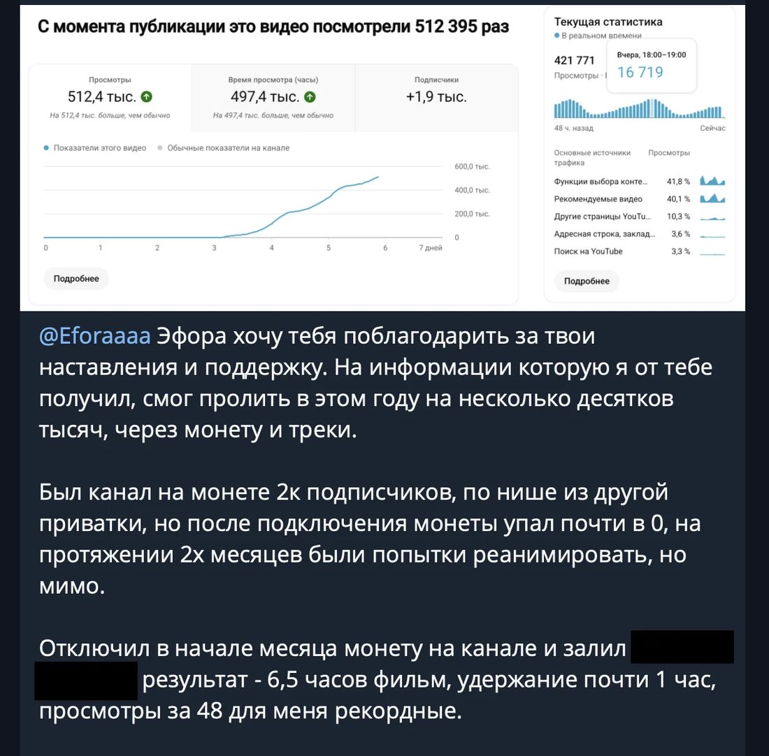 Кадр отзыва: YouTube-статистика — 512 395 просмотров ролика и сообщение благодарности наставнику