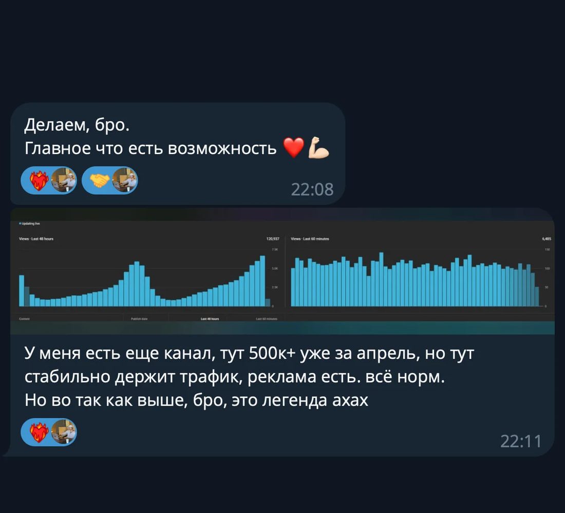 Кадр отзыва: график 120 937 просмотров за 48 часов и сообщение о стабильном трафике; имя ученика обрезано