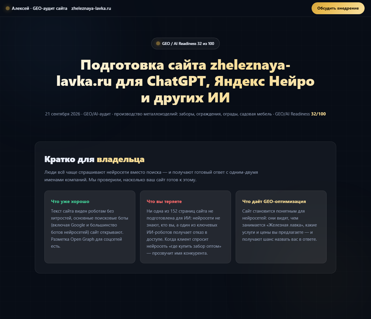 Верхний экран клиентского отчёта по zheleznaya-lavka.ru: балл 32 из 100, блок краткого вывода для владельца