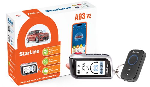 Рекламная картинка товара StarLine A93 V2 2CAN+2LIN — упаковка и брелок с экраном