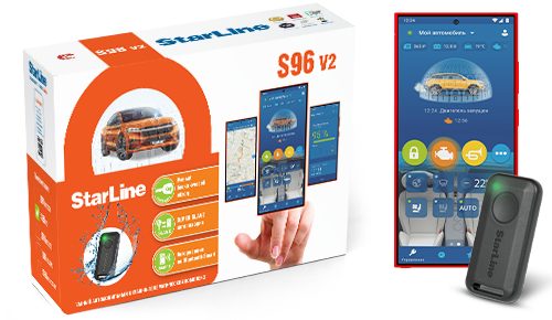 Рекламная картинка товара StarLine S96 V2 — упаковка, брелок и приложение