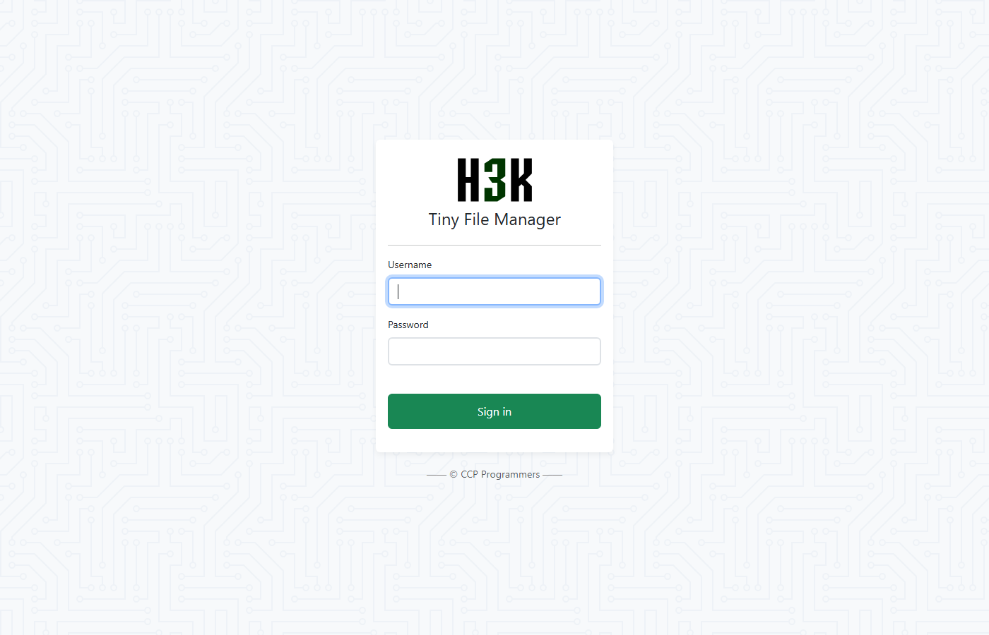 Tiny File Manager, страница логина