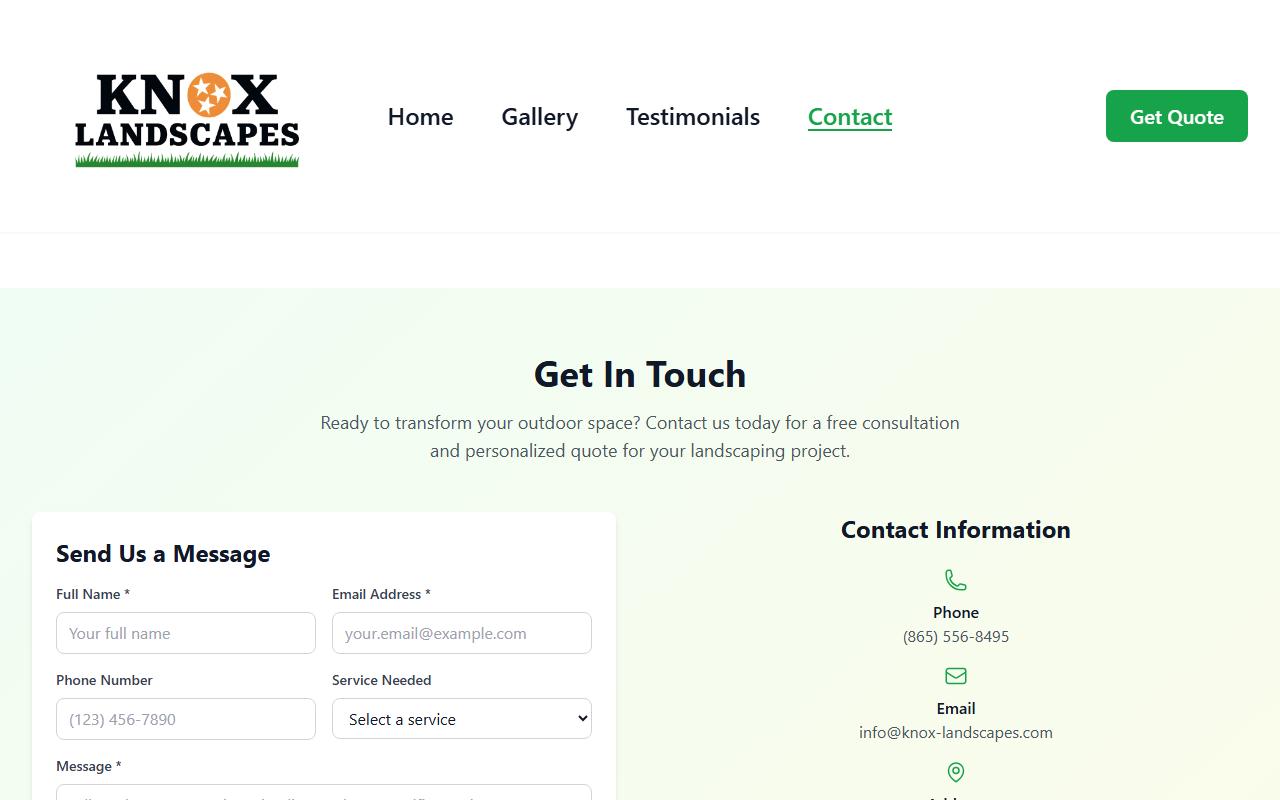 Страница контактов knox-landscapes.com с формой заявки и реквизитами компании