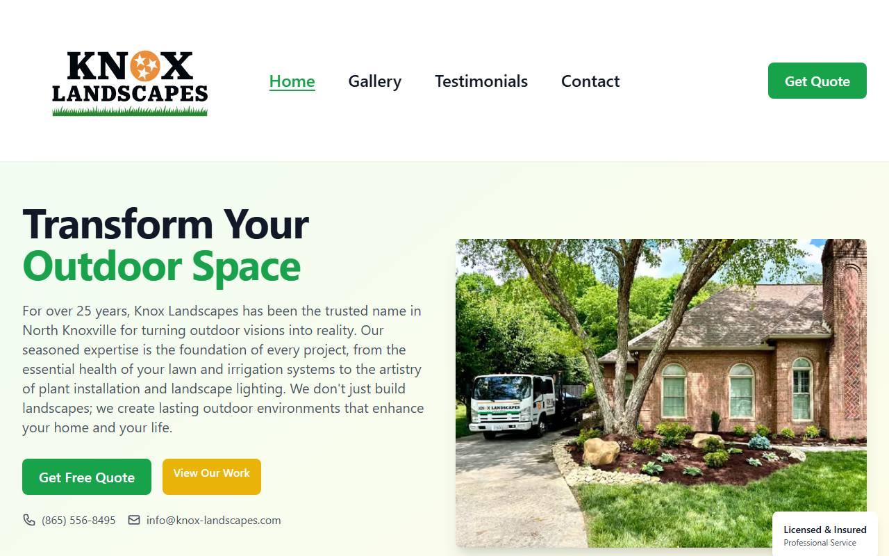 Главная knox-landscapes.com: услуги перечислены текстом, отдельных страниц под каждую нет