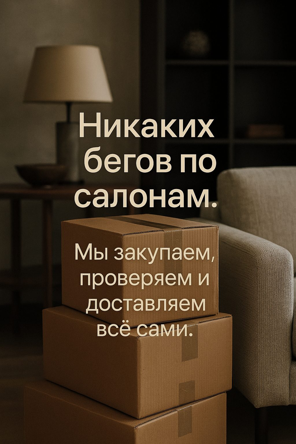 Сторис: «Никаких бегов по салонам» — закупка и доставка на фоне коробок