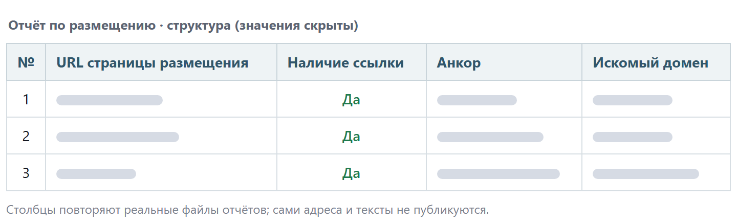Плашка со структурой Excel-отчёта: столбцы адрес страницы размещения, наличие ссылки, анкор, искомый домен; значения скрыты полосками