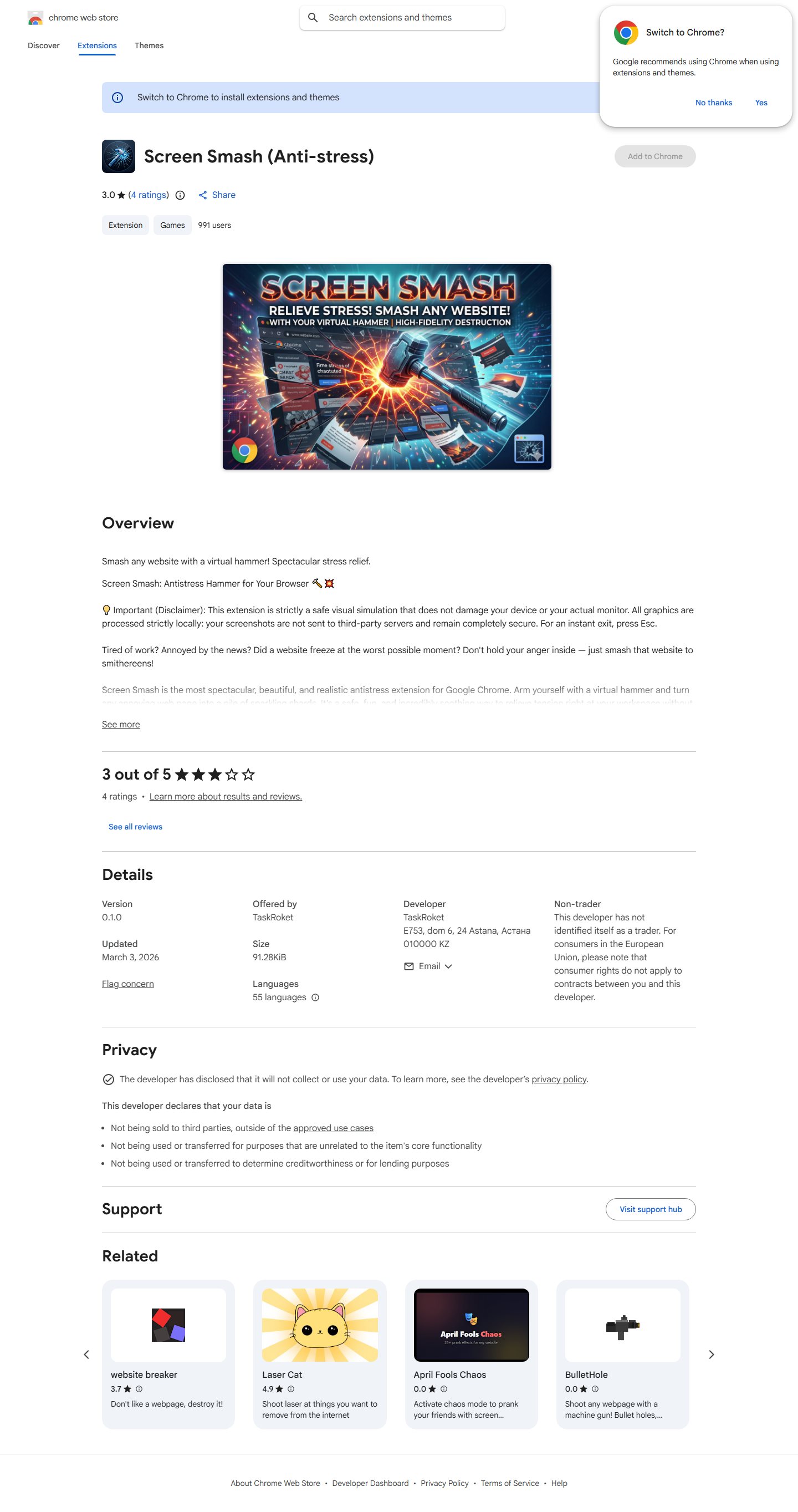 Полная страница расширения в Chrome Web Store: описание, дисклеймер о локальной обработке, рейтинг 3 из 5, версия 0.1.0, размер 91.28 КиБ, 55 языков, блок Privacy и похожие расширения