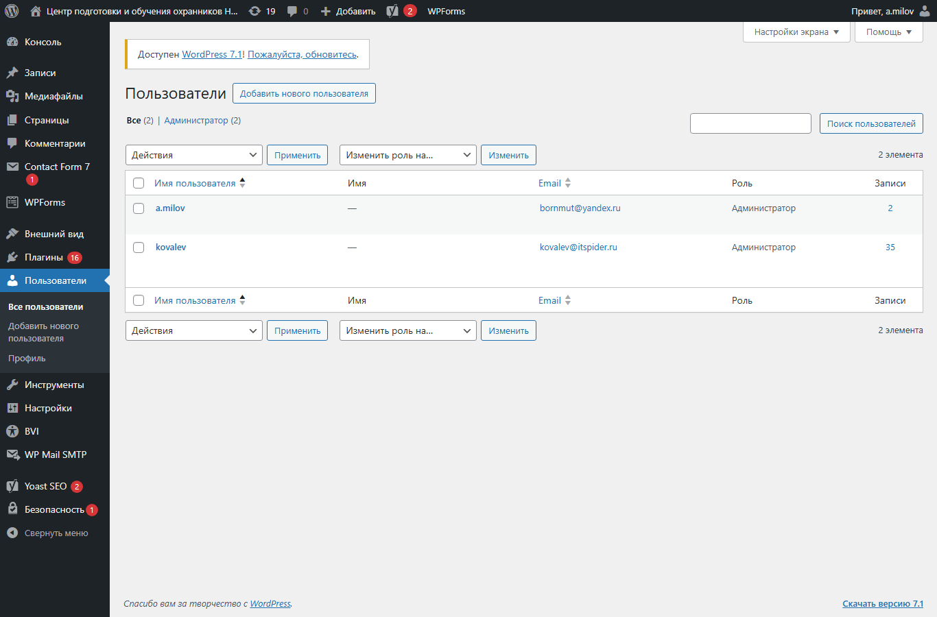 Список плагинов WordPress в админке sporusich.ru