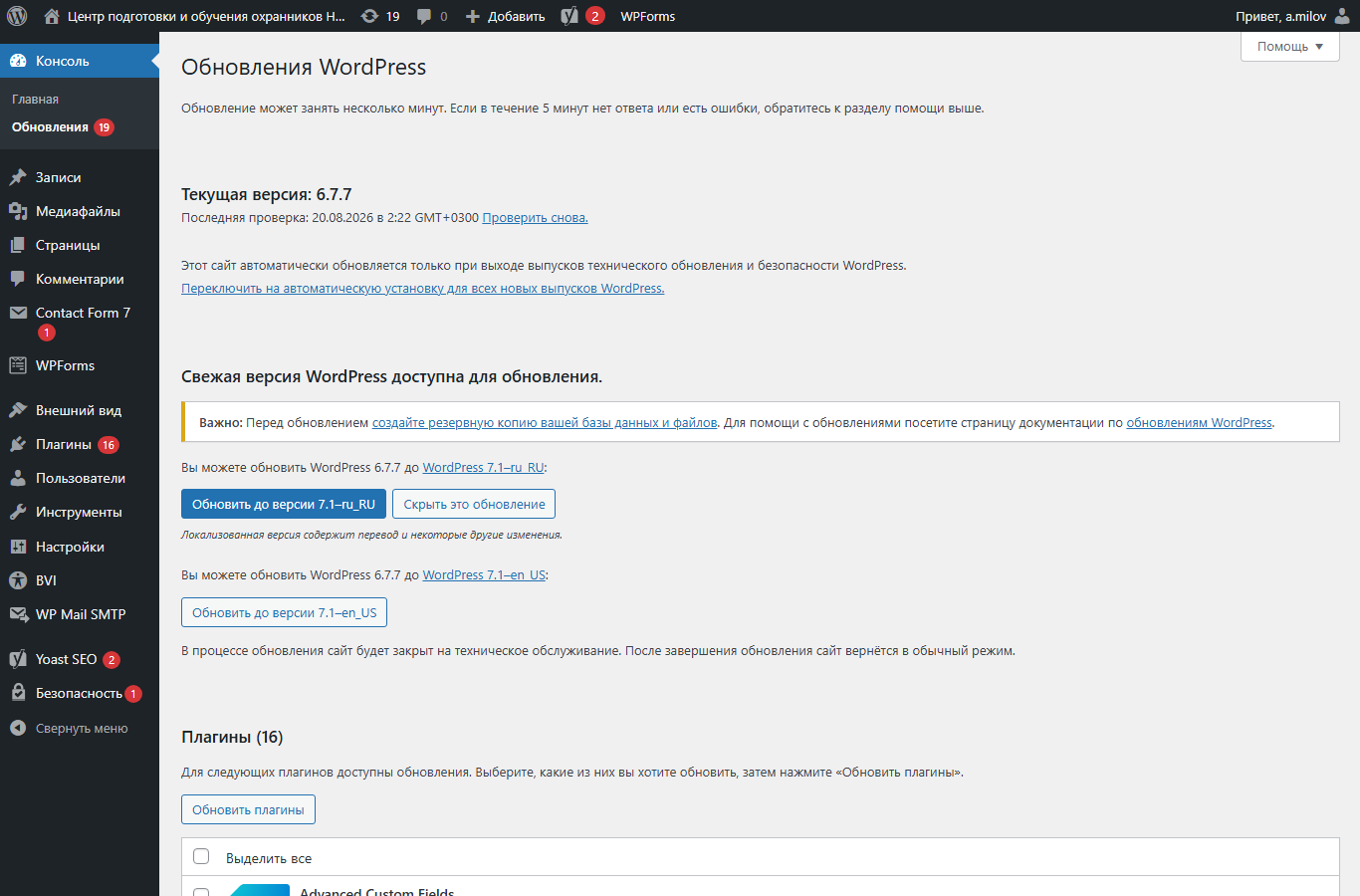 Экран состояния сайта WordPress