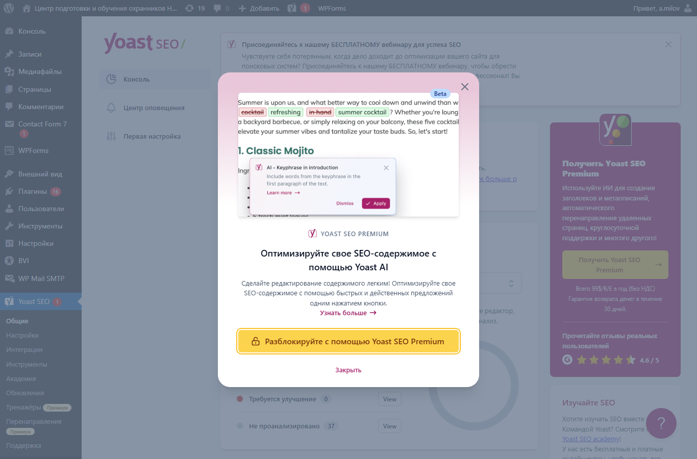 Настройки Yoast SEO в админке WordPress