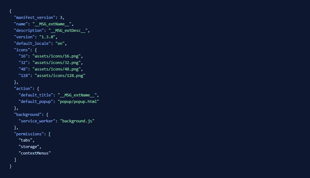 Фрагмент манифеста Manifest V3 расширения — версия 1.3.0, service worker, popup и разрешения tabs, storage, contextMenus