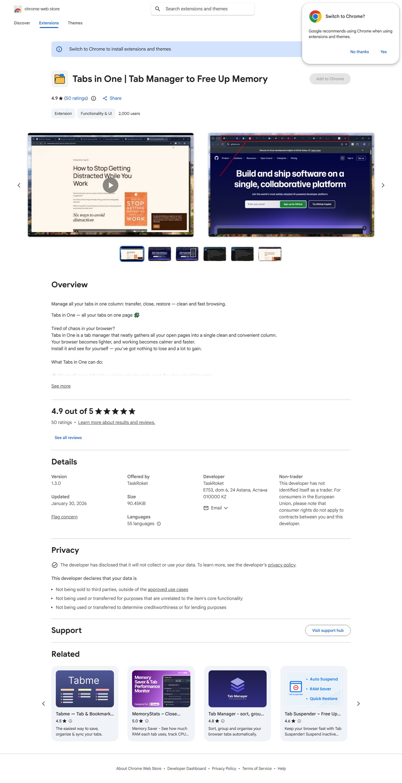 Полная страница расширения «Tabs in One» в Chrome Web Store — описание, промо-скриншоты и данные карточки