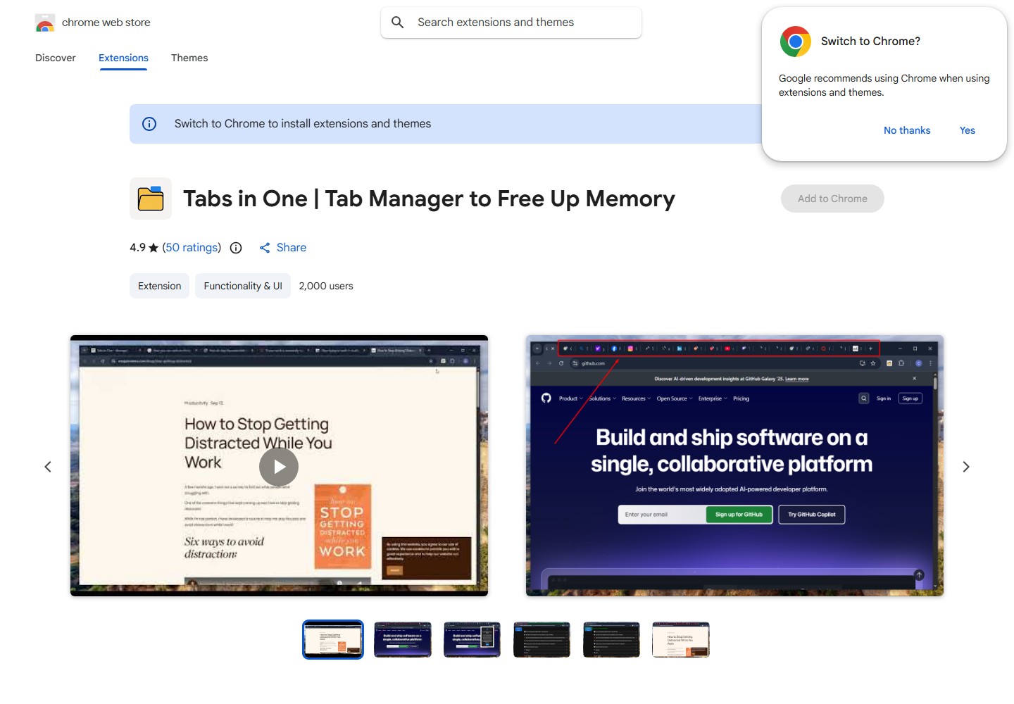 Первый экран карточки «Tabs in One» в Chrome Web Store — название, рейтинг 4,9 из 5 при 50 оценках, отметка 2 000 пользователей и кнопка Add to Chrome