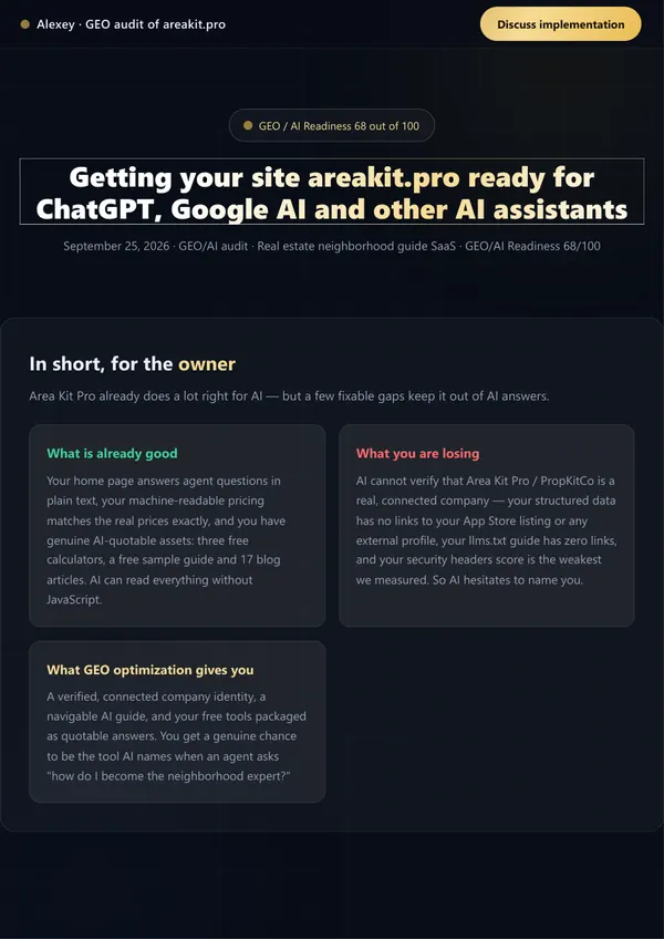 Обложка англоязычного GEO-аудита areakit.pro