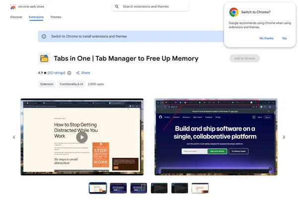 Первый экран страницы Tabs in One в Chrome Web Store