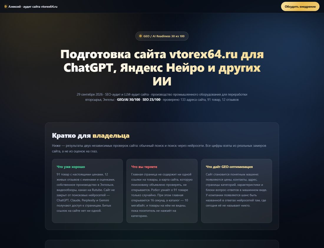 Первая страница клиентского отчёта: заголовок, дата, оценки 30 и 23, краткая сводка для владельца