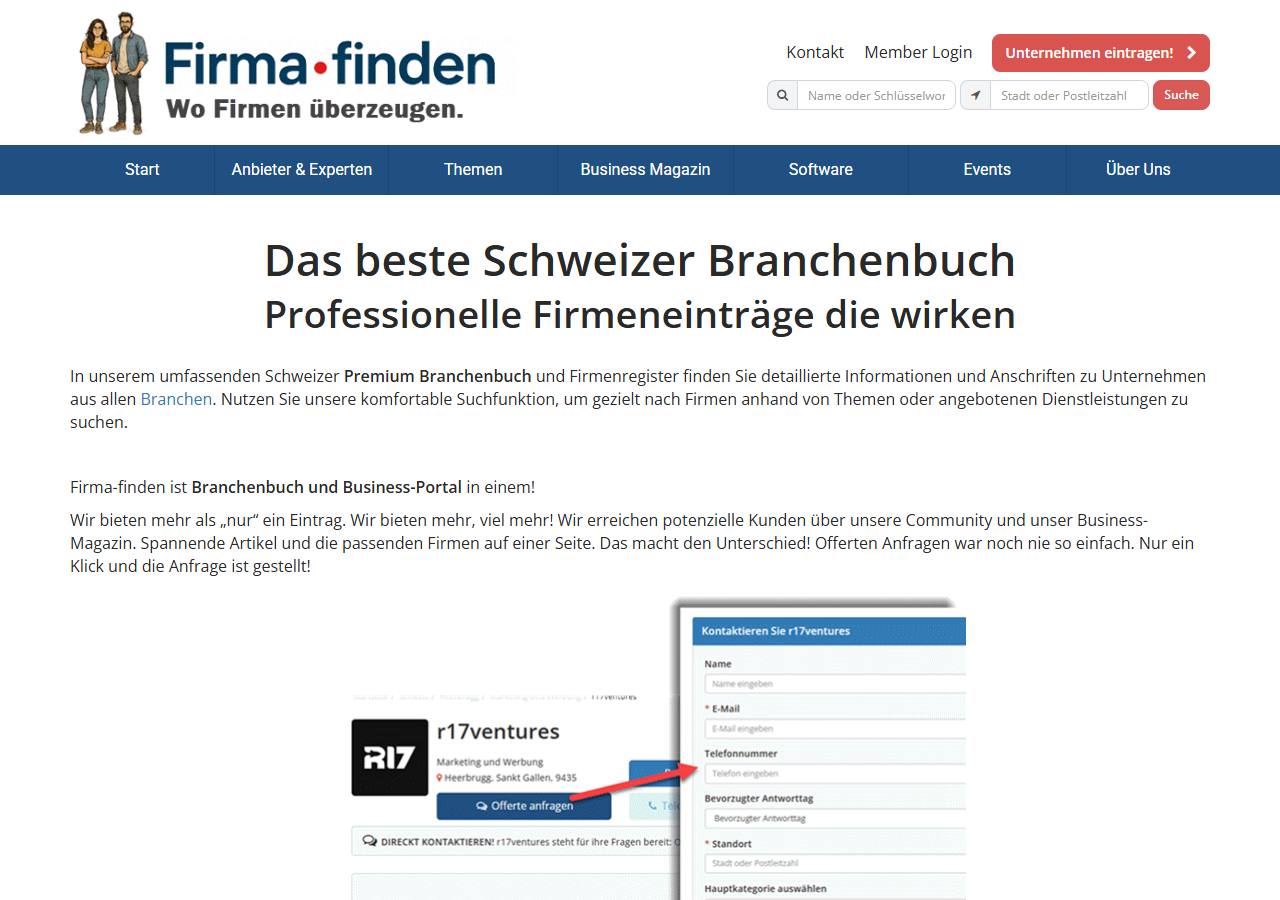 Страница отраслевого каталога firma-finden.ch с текстом и формой подбора компании