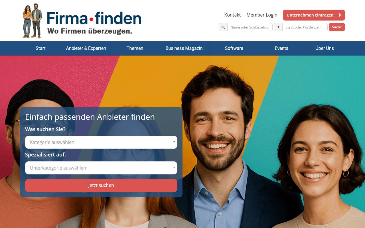 Главная страница firma-finden.ch: поисковая форма выбора категории и подкатегории