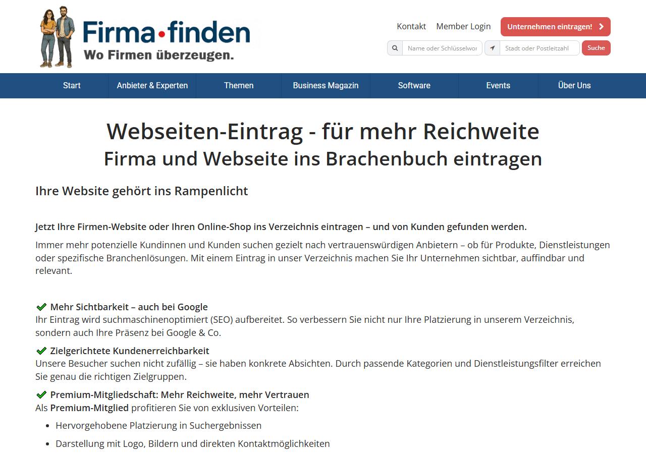 Страница размещения firma-finden.ch: описание услуги добавления компании в справочник